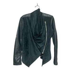 BlankNYC Draped Cowl Neck Moto Jacket Green Faux Leather Asymmetrical Zip Medium